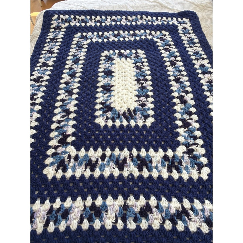 Vintage Hand Crochet Blue/white Small Throw Blanket 48in X 37in GWB002 - Picture 5 of 10
